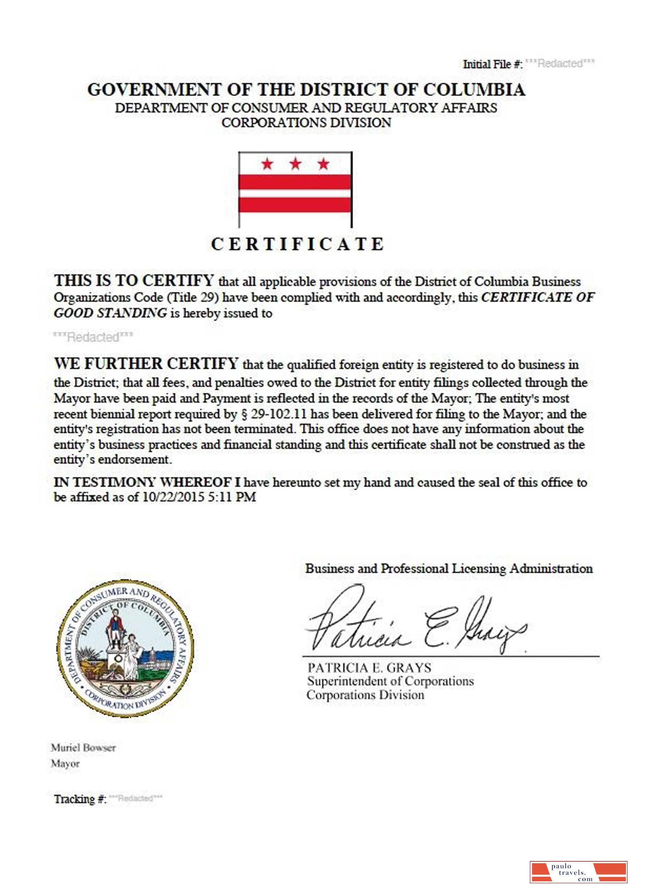 USA District of Columbia certificate of good standing